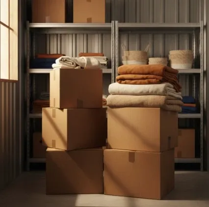 Stacked moving boxes and folded blankets sit in a tidy, warmly lit storage space with soft shadows and earthy tones.